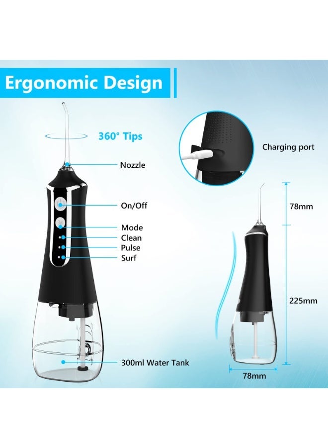 Joudi Portable water flosser, 3 modes, 5 replaceable nozzles, rechargeable and waterproof, suitable for both home and travel use - 380ml removable water tank (HF-6) Black - Image 4